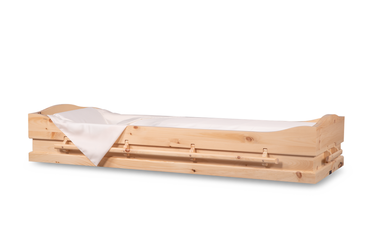 Pine Wood Bed Viewer with White Cloth Interior draping over the side