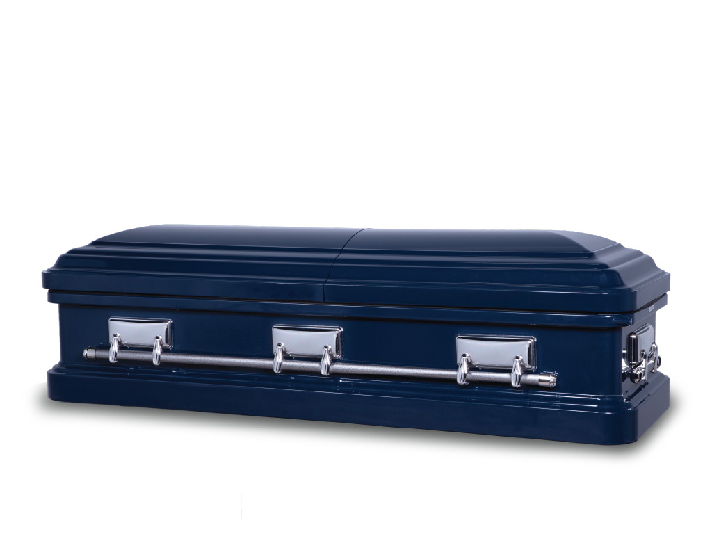Langford dark blue metallic metal casket closed with silver hardware and silver handles.