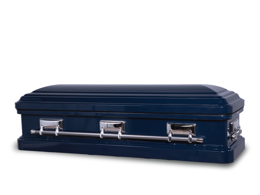 Langford full couch, dark blue metallic metal casket closed with silver hardware and silver handles.