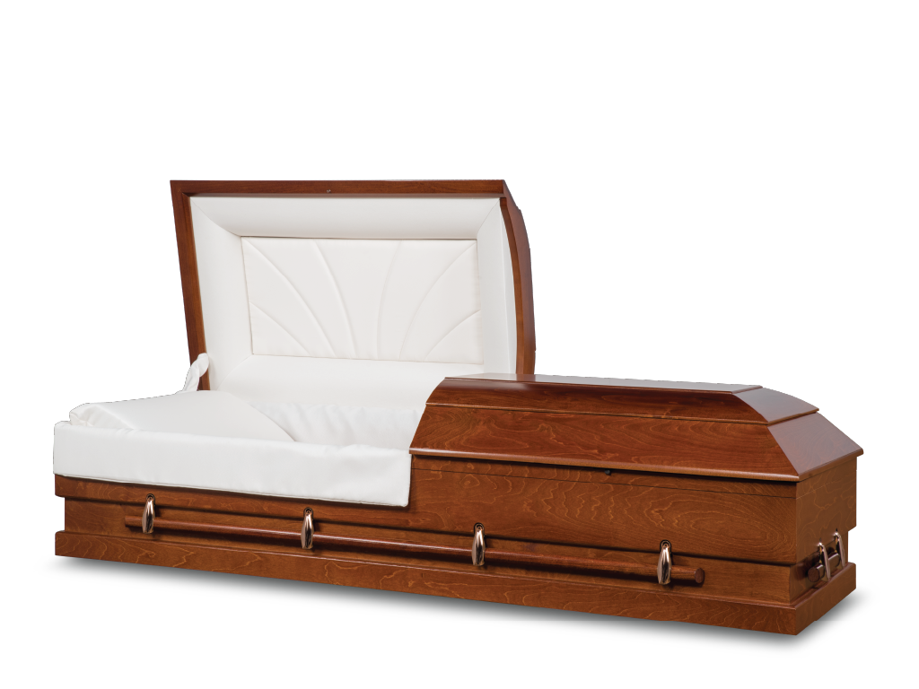 Meadow Canyon Brown Hardwood Burial Casket with Head End Open