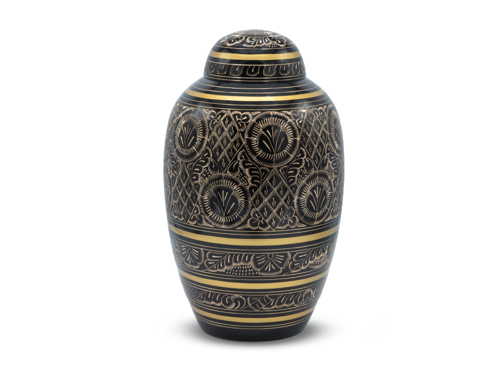 Black urn with gold accents