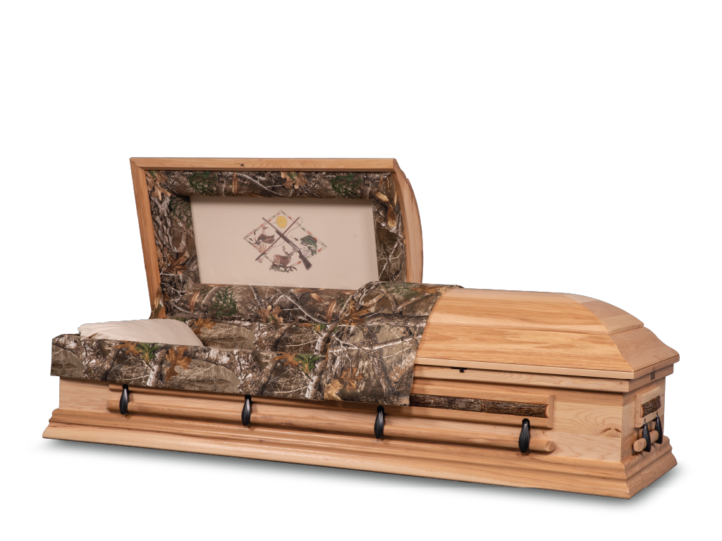 Rustic Woodland Hardwood Burial Casket with Head End Open