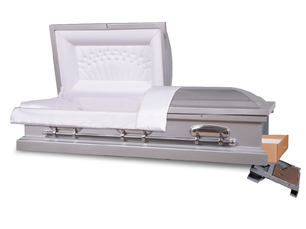 Sonnet™ Square End Metal Rental Casket Alabaster Silver with Head and Foot End Open