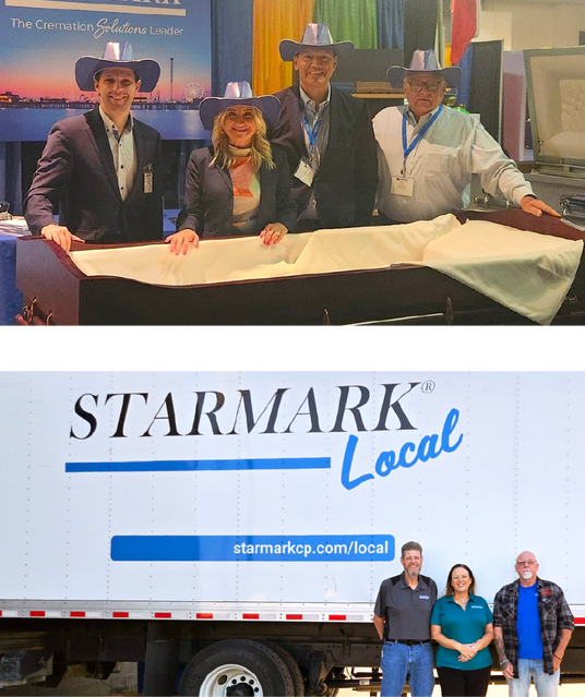 Top og image shows Starmark employees at conference with cowboy hats on smiling and bottom image shows employees smiling in front of a starmark lcoal truck