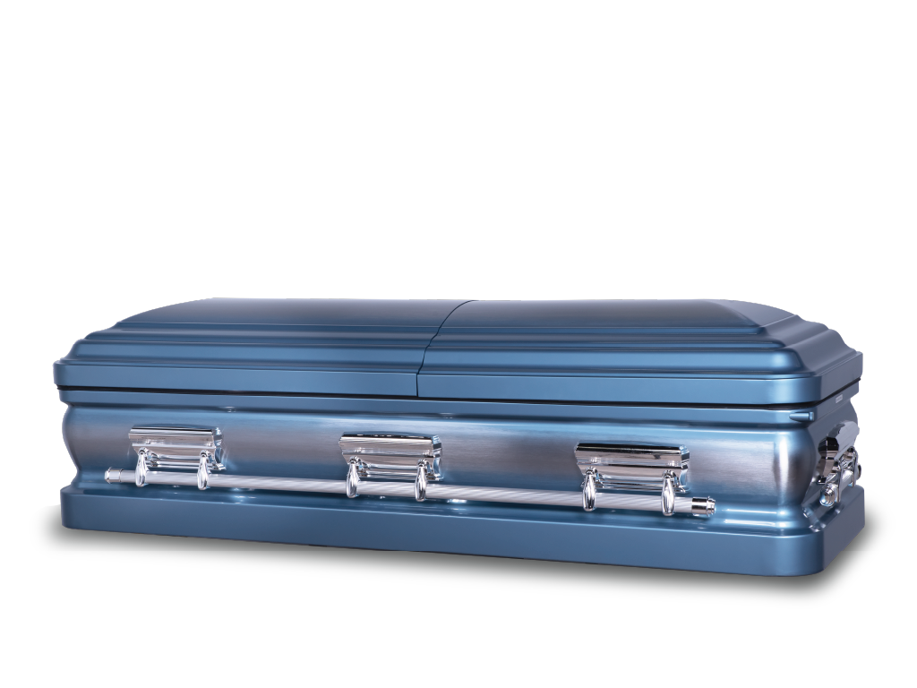A blue natural brush finish casket closed, with silver hardware and handles and a lock on the right side.