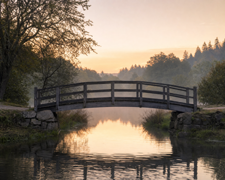 Wooden foot bridge crossing a creek as the sun is rising with woods in the background.