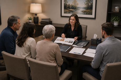 A family with a Funeral Arranger planning a funeral at a desk.