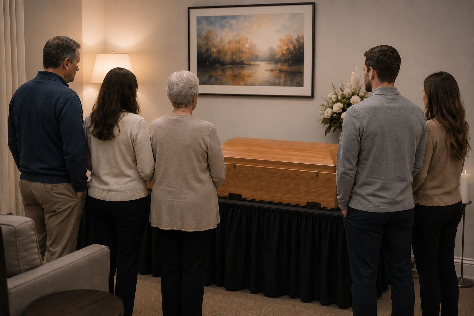 A family saying goodbye during a small private viewing ceremony.