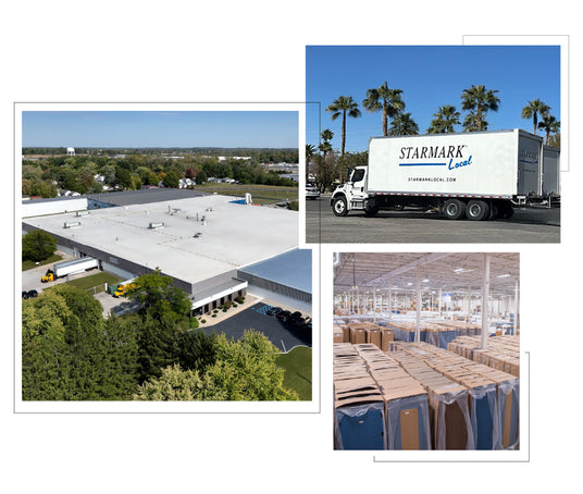 Collection of images. Left image is drone shot of Starmark manufacturing and warehouse facility, top right image is a starmark local box truck with palm trees and bottom image is a view of the warehouse with cremation containers lined up in inventory.