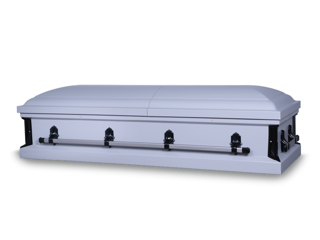 Alden silver square end closed metal casket with black hardware and silver handles.