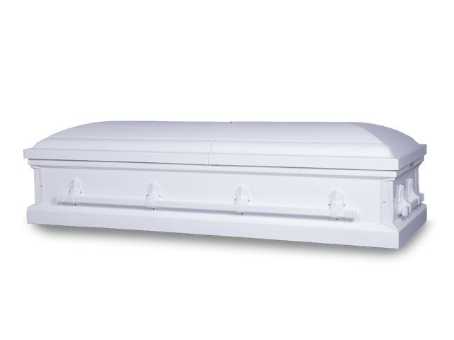 Alden white square end metal casket closed, with white hardware and handles.
