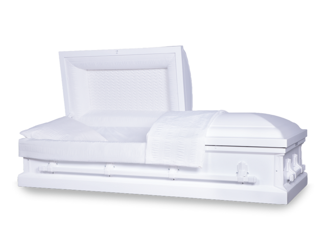 Alden white square end metal casket open, with white hardware and handles.
