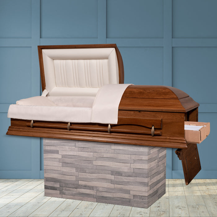 Aria Rental Casket opened on a bier in showroom