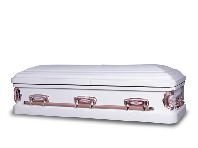 Carnation white metal casket closed, with a featuring rose gold floral hardware and rose gold handles, and lock on the right side.
