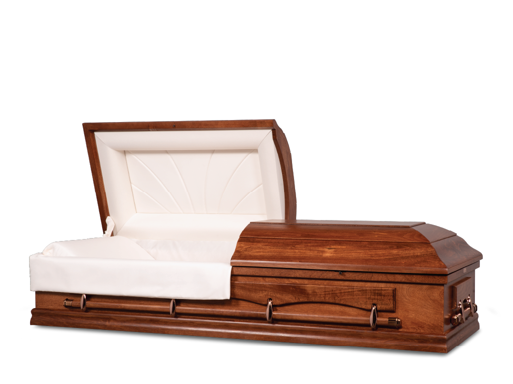 Carson Canyon Brown Hardwood Burial Casket with Head End Open