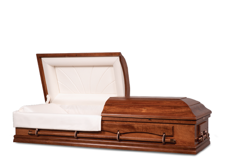 Carson Canyon Brown Hardwood Burial Casket with Head End Open