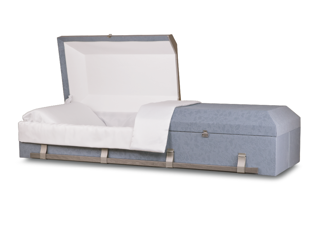 Blue Steel Emerson™ Cloth Covered Casket With Head End Open