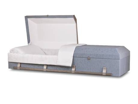 Blue Steel Emerson™ Cloth Covered Casket With Head End Open