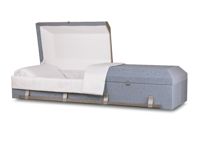 Blue Steel Emerson™ Cloth Covered Casket With Head End Open