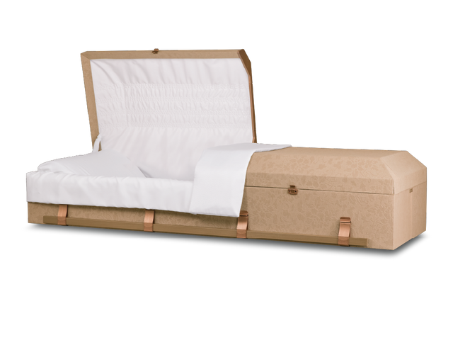 Emerson™ Cloth Covered Casket Embossed Suntan Open