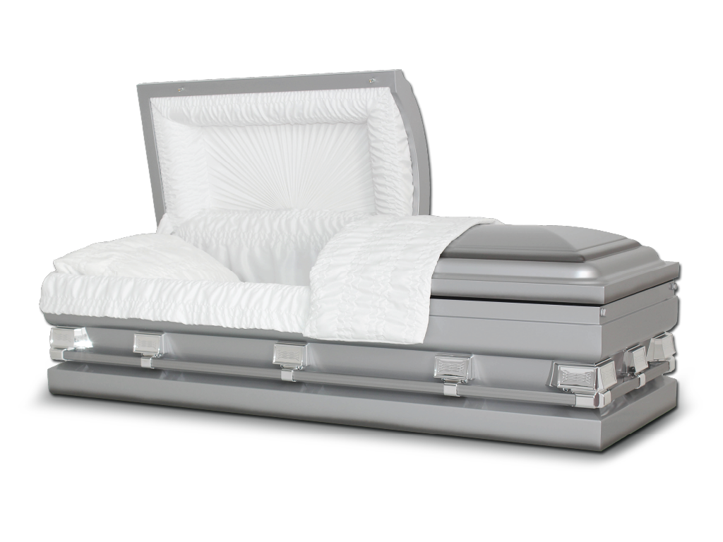 Empire metallic silver metal casket with silver hardware and handles.
