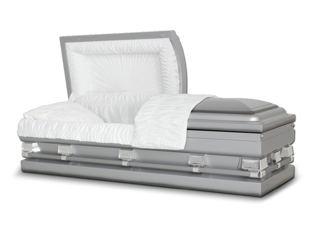 Empire metallic silver metal casket with silver hardware and handles.