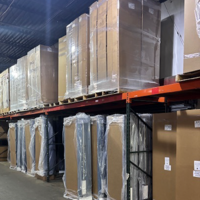 Rows of warehouse shelving filled with packaged products.
