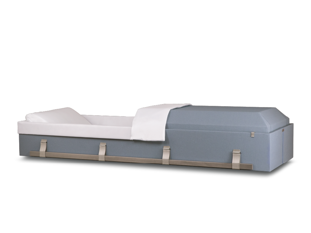 Harmony Deluxe™ Cremation Container Blue Cloth Head End Open