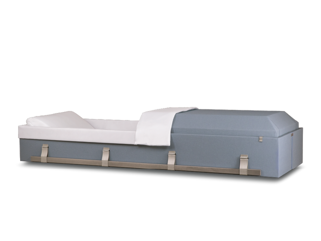 Harmony Deluxe™ Cremation Container Blue Cloth Head End Open