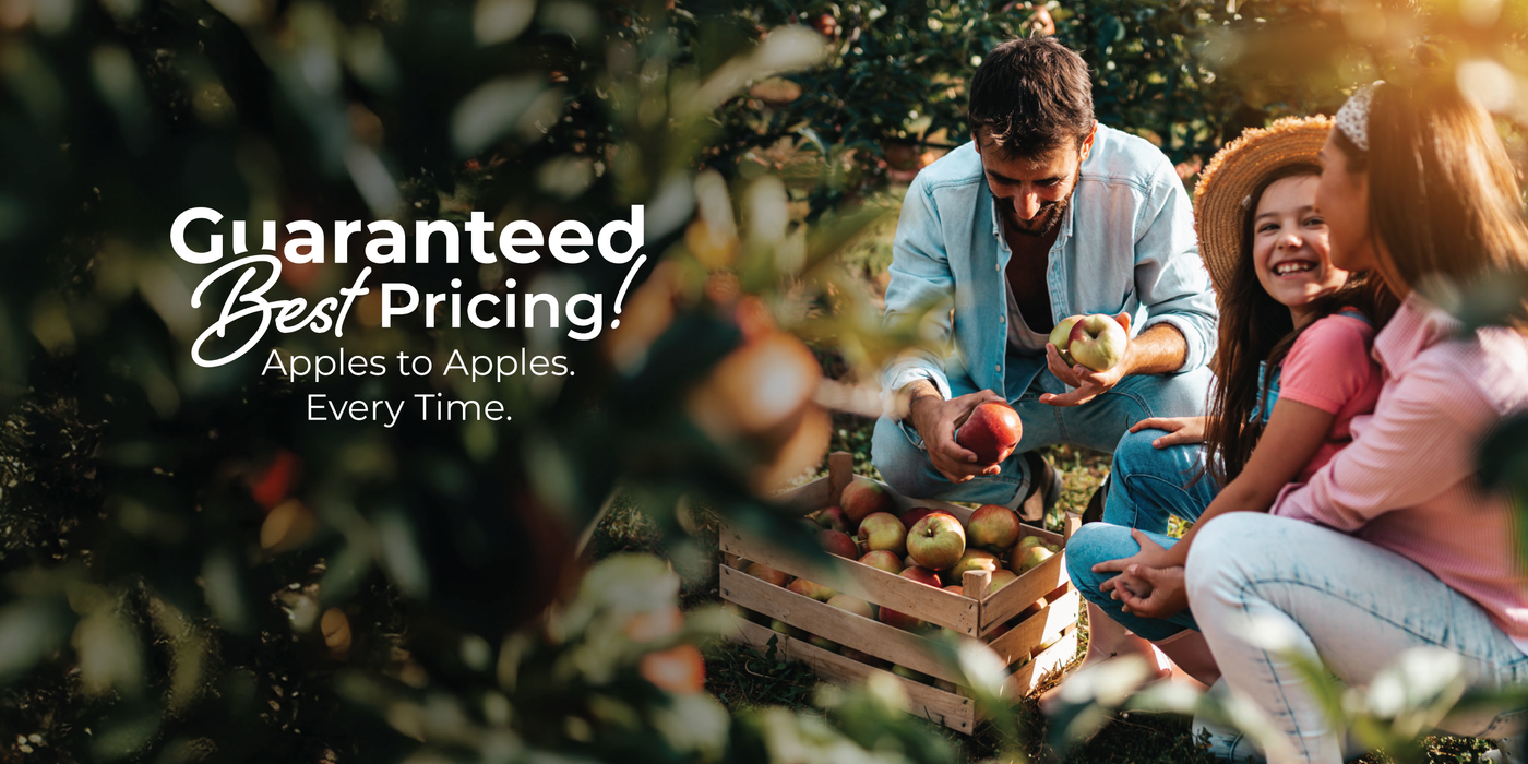 Two people picking apples in a orchard with text overlay about guaranteed best pricing.