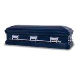 Langford dark blue metallic metal casket  closed with silver hardware and silver handles.