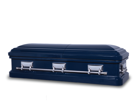 Langford dark blue metallic metal casket  closed with silver hardware and silver handles.