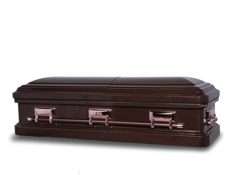 Langford dark bronze metallic metal casket closed with copper hardware and bronze handles and a lock on the right side.