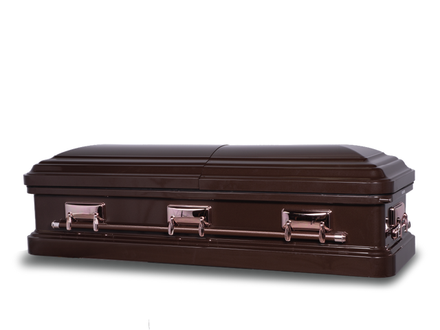 Langford dark bronze metallic metal casket closed with copper hardware and bronze handles and a lock on the right side.