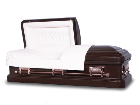Langford dark bronze metallic metal casket open with copper hardware and bronze handles and a lock on the right side.