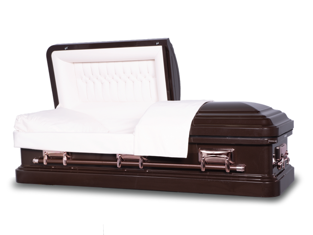 Langford dark bronze metallic metal casket open with copper hardware and bronze handles and a lock on the right side.