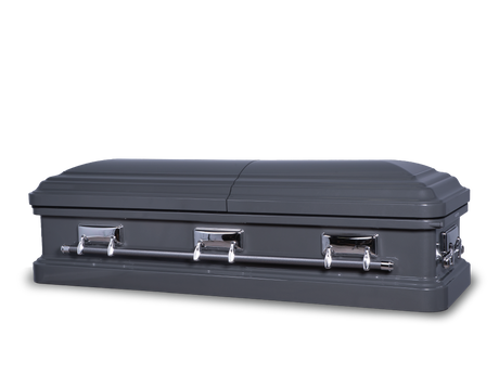 Langford gunmetal metallic metal casket  closed with silver hardware and handles and a lock on the right side.
