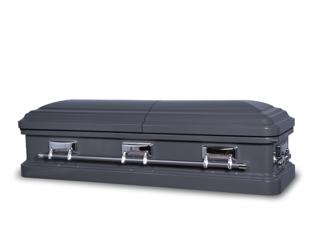 Langford gunmetal metallic metal casket  closed with silver hardware and handles and a lock on the right side.