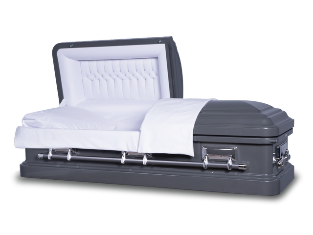 Langford gunmetal metallic metal casket  open with silver hardware and handles and a lock on the right side.