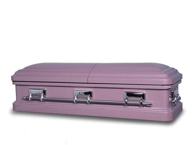 Langford tearose orchid metal casket closed with silver hardware and handles and a lock on the right side.