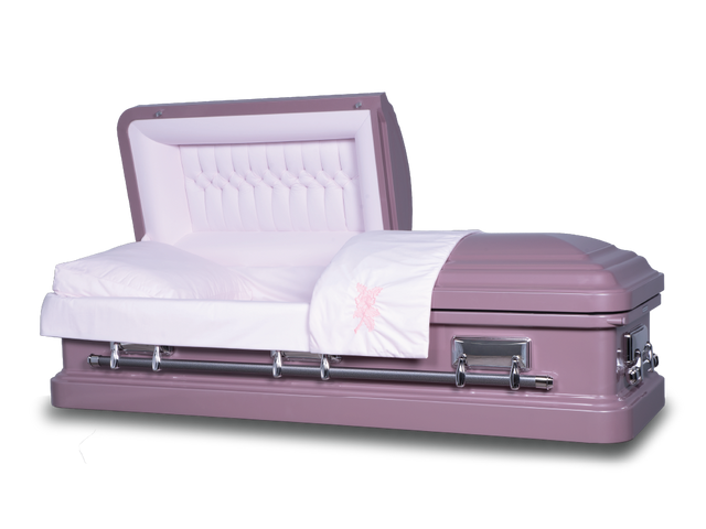 Langford tearose orchid metal casket open with silver hardware and handles and a lock on the right side.