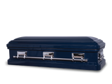 Langford full couch, dark blue metallic metal casket closed with silver hardware and silver handles.