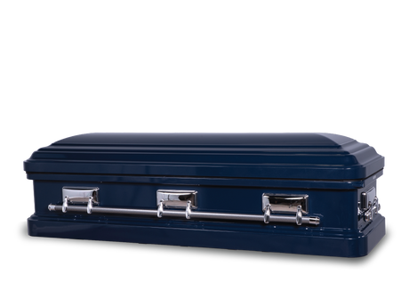 Langford full couch, dark blue metallic metal casket closed with silver hardware and silver handles.