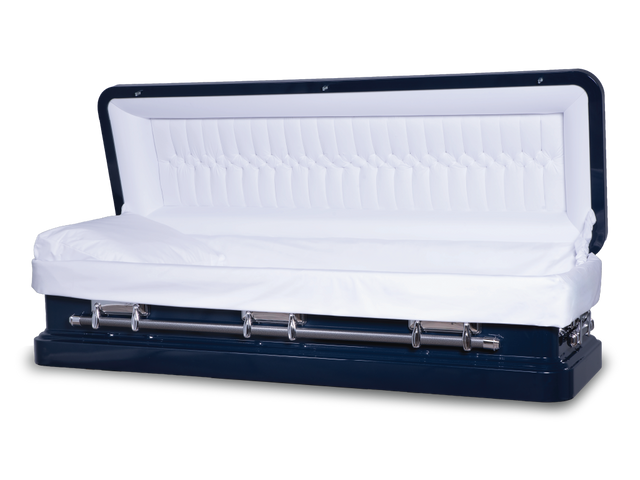 Langford full couch, dark blue metallic metal casket open with silver hardware and silver handles.