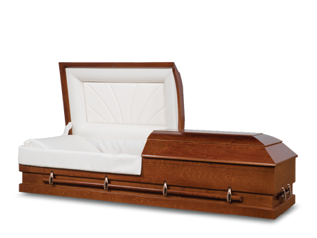 Meadow Canyon Brown Hardwood Burial Casket with Head End Open