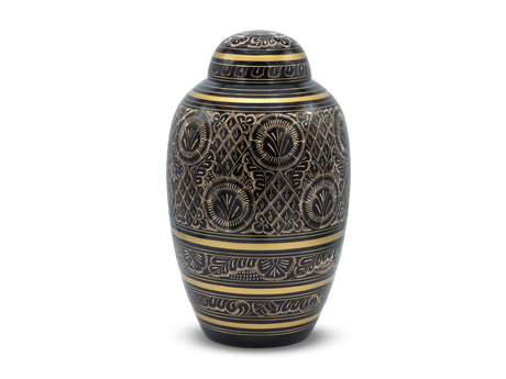 Black urn with gold accents
