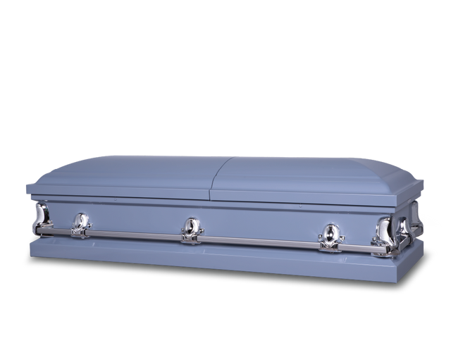 Norton powder blue metal casket closed, with silver hardware and handles.