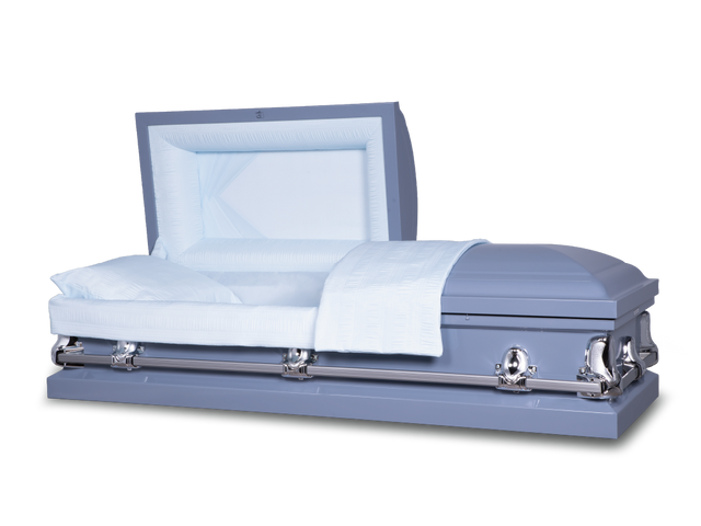 Norton powder blue metal casket open, with silver hardware and handles.