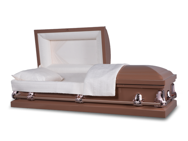 Norton copper metal casket open,  copper hardware and handles. 