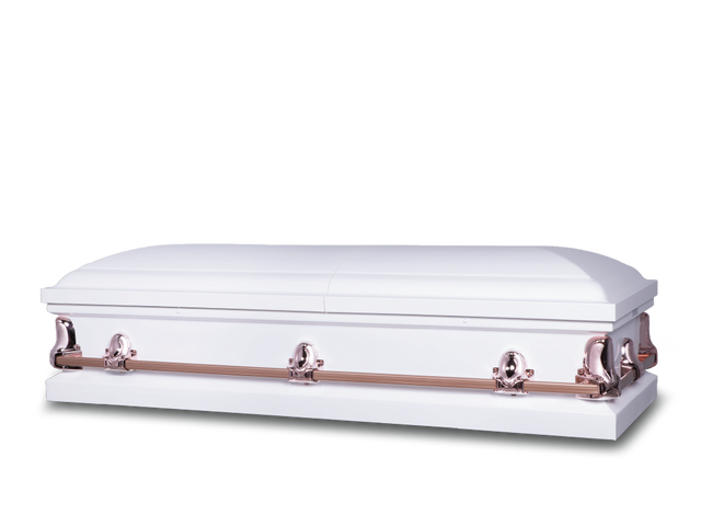 Norton white square-end metal casket closed, with rose gold metal hardware and handles.